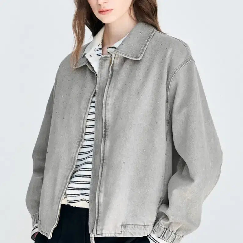 [SOLD OUT] 새상품)한섬 LATT 드로우스트링 스터드 데님 집업 자켓