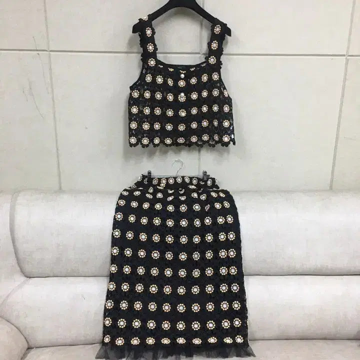 [SOLD OUT] 한섬 오즈세컨 정품 크로셰 뷔스티에 + 플라워 밴딩롱스커트 투피스세트