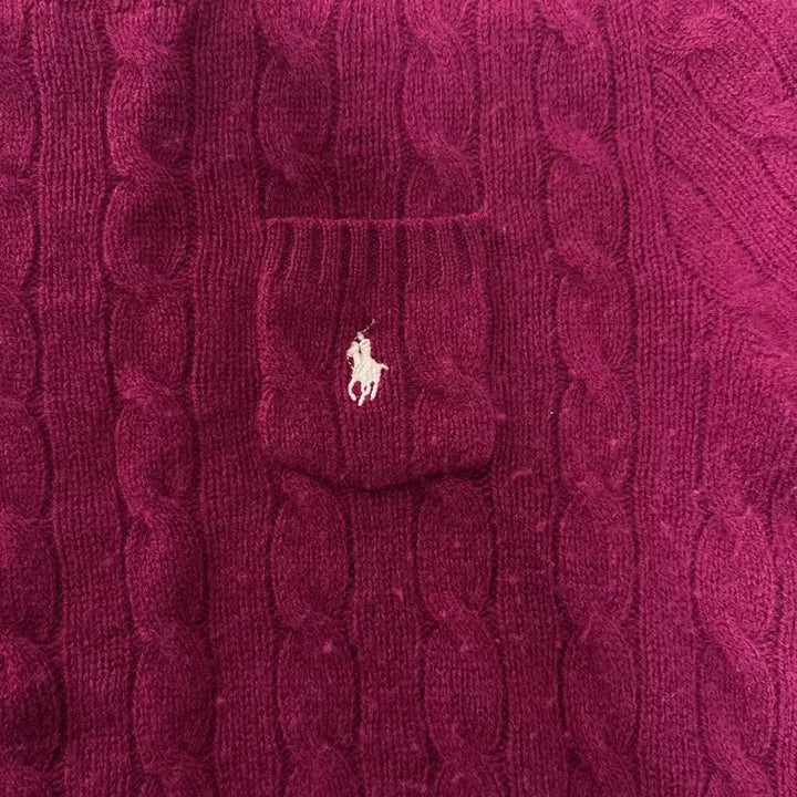 [BUNJANG] Polo Ralph Lauren Wool Cashmere Pocket Cable Knit Top / 폴로 여성 QR신형 울캐시미어 포켓 반팔 케이블 니트 S