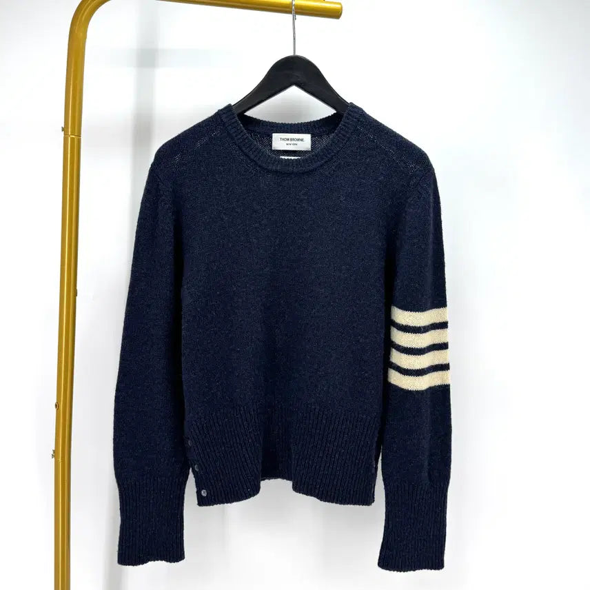 [BUNJANG] Thom Browne Shetland Wool 4-Bar Detail Knit Navy (Size 3) / [3사이즈] 톰브라운 셰틀랜드 사선완장 니트 네이비 (MKA317A)