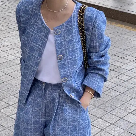 [BUNJANG] Bicini Canard Tweed Jacket &amp; Shorts Set / 바이씨니 제작 까나트위드자켓+반바지 블루 세트