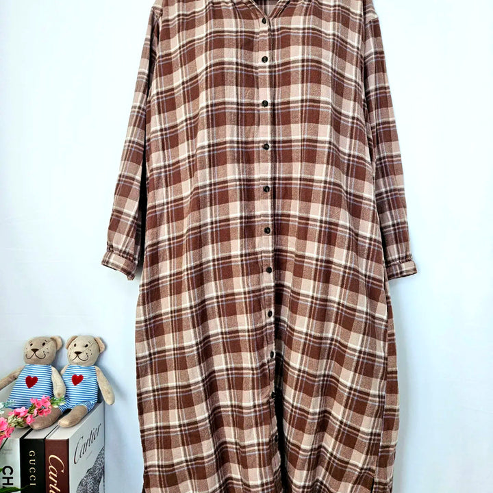 [BUNJANG] Beige Check Shirt Long Dress / 딩동 :) 베이지 체크 셔츠형 롱원피스