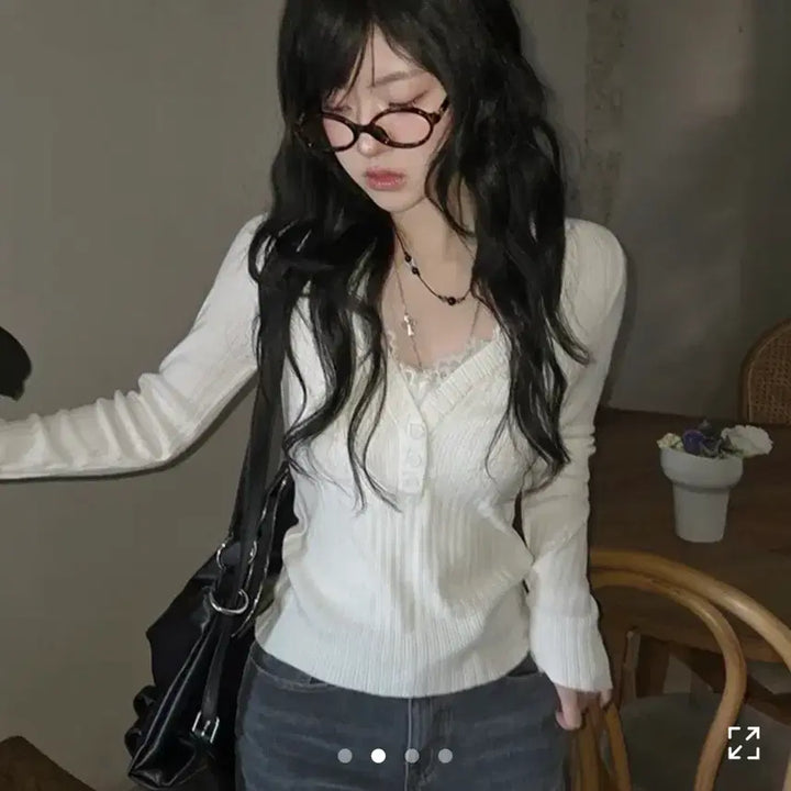 [BUNJANG] Ablly Hitit V-neck Layered Knit Top / 골지 브이넥 레이어드 니트 화이트 / 에이블리 히릿
