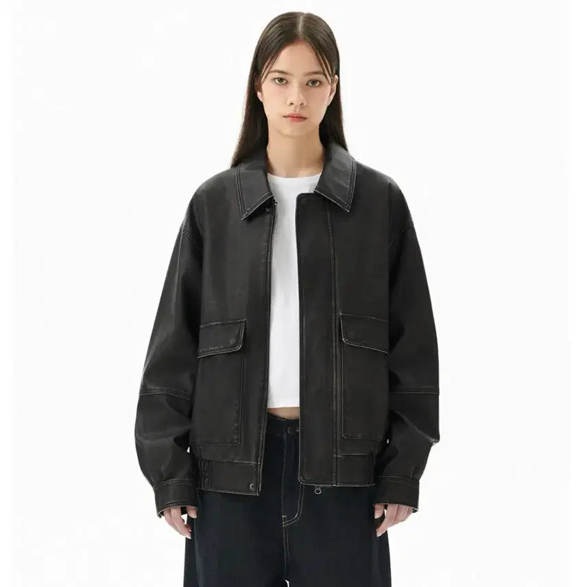 [BUNJANG] Mahagrid Faux Leather Blouson Jacket / WASHED FAUX LEATHER BLOUSON