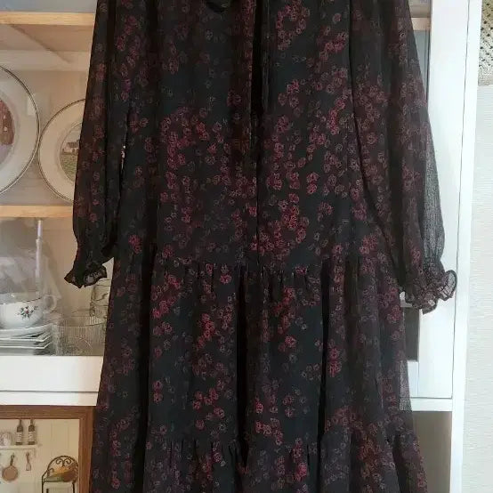 [BUNJANG] The Atch Black Flower Ribbon Long Dress / 더 앳지 블랙 플라워 리본 롱 원피스