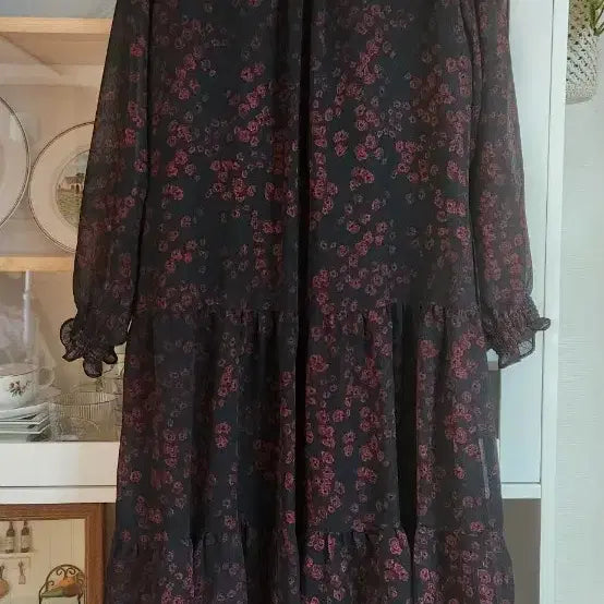 [BUNJANG] The Atch Black Flower Ribbon Long Dress / 더 앳지 블랙 플라워 리본 롱 원피스