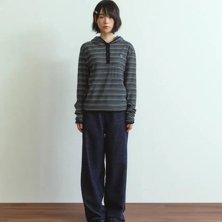 [BUNJANG] Dandel Stripe Trim Hooded Long Sleeve Shirt / 단델 stripe trim hooded long sleeve BLACK