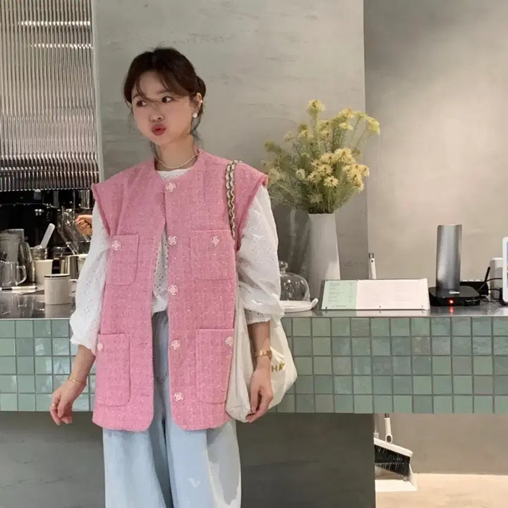 [BUNJANG] Byssiny Sweet and Sour Tweed Vest (Pink) / 바이씨니 새콤달콤 베스트(핑크)