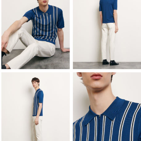 [BUNJANG] Sandro Paris Knit Collar Short Sleeve Zip-Up Blue (Size L) / 산드로 니트 카라 반팔 시원하고 세련된 블루톤 /공용