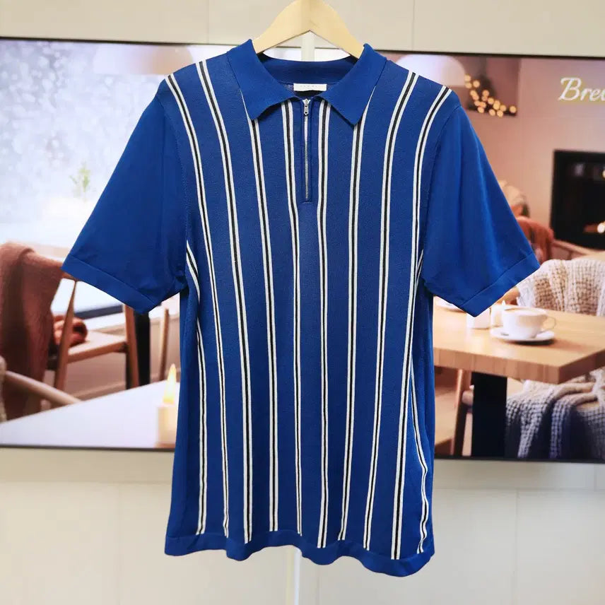 [BUNJANG] Sandro Paris Knit Collar Short Sleeve Zip-Up Blue (Size L) / 산드로 니트 카라 반팔 시원하고 세련된 블루톤 /공용