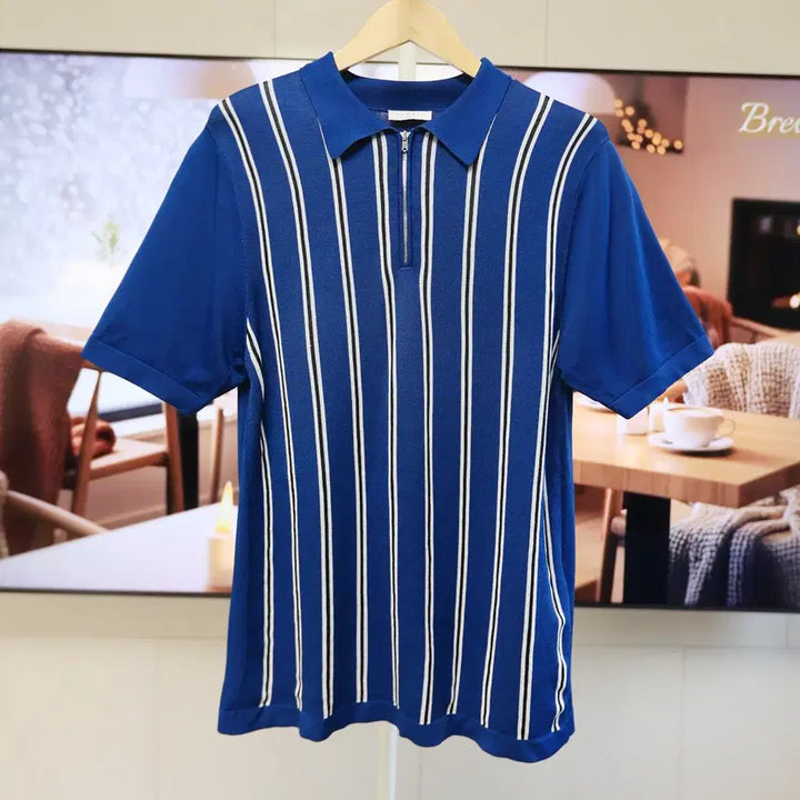 [BUNJANG] Sandro Paris Knit Collar Short Sleeve Zip-Up Blue (Size L) / 산드로 니트 카라 반팔 시원하고 세련된 블루톤 /공용