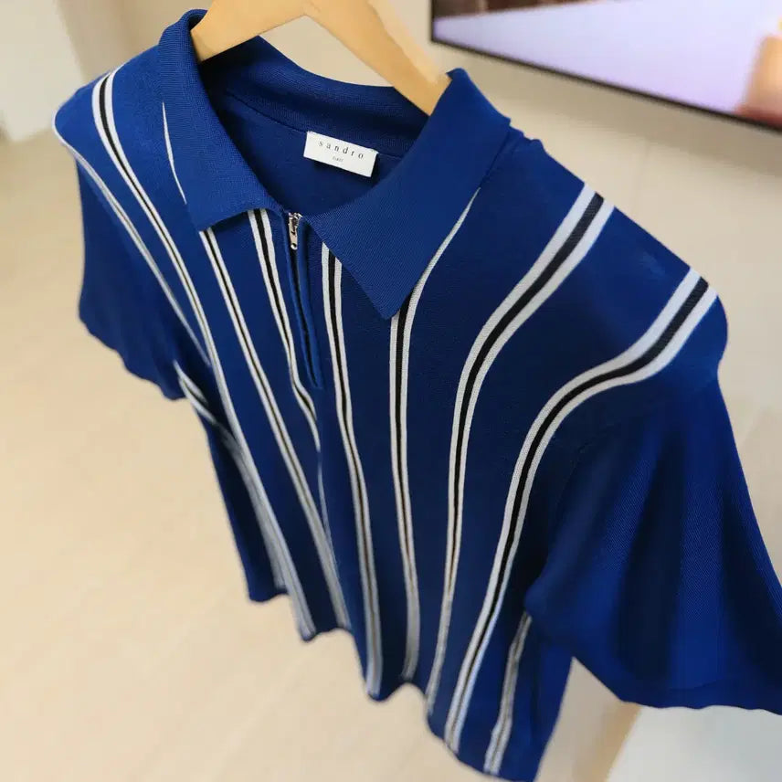 [BUNJANG] Sandro Paris Knit Collar Short Sleeve Zip-Up Blue (Size L) / 산드로 니트 카라 반팔 시원하고 세련된 블루톤 /공용
