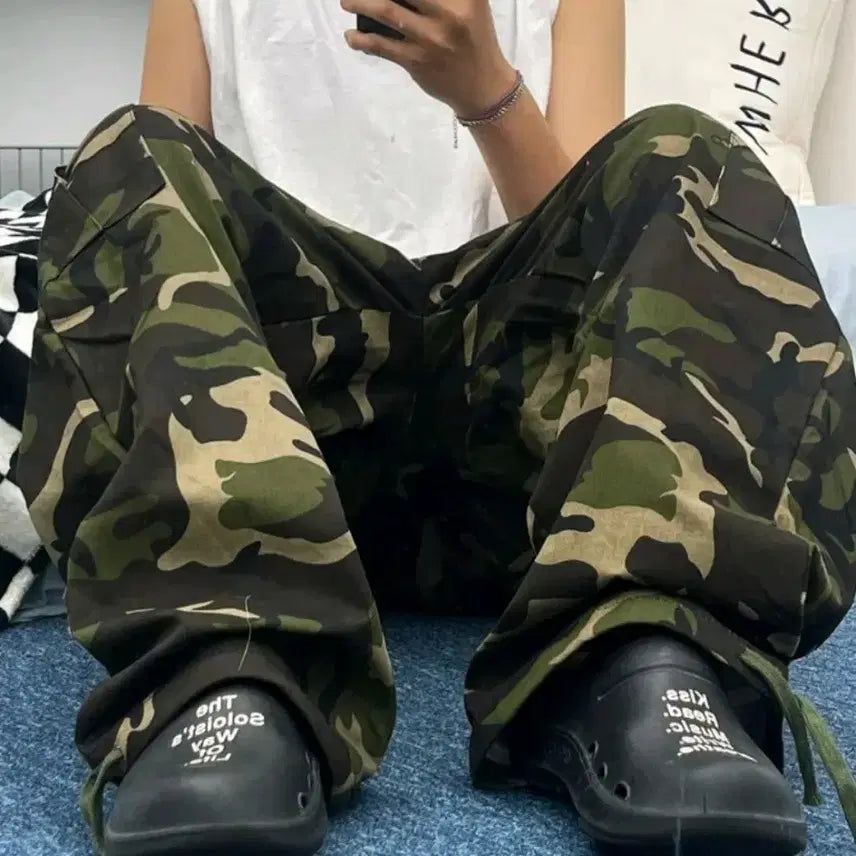 [BUNJANG] Ablie Camo Military Cargo Wide Two-Way String Pants / 에이블리 카모 밀리터리 카고 와이드 투웨이 스트링 팬츠