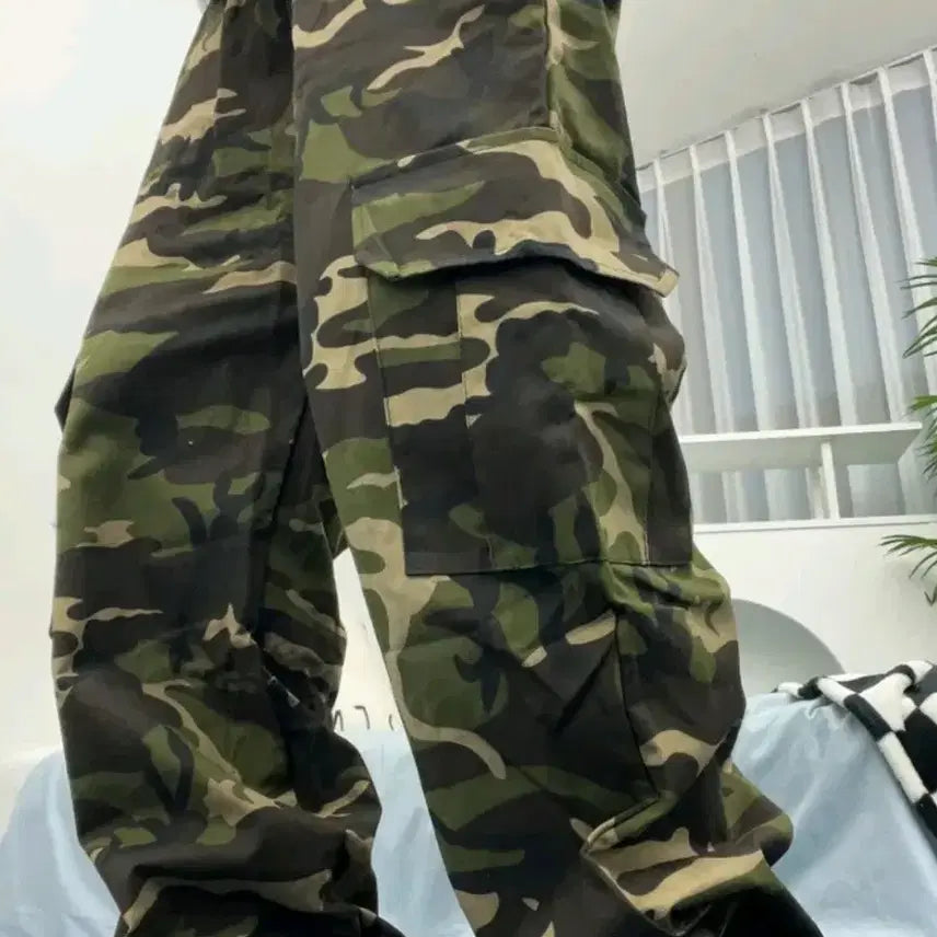 [BUNJANG] Ablie Camo Military Cargo Wide Two-Way String Pants / 에이블리 카모 밀리터리 카고 와이드 투웨이 스트링 팬츠