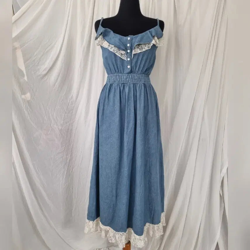 [BUNJANG] Vintage Denim Lace Sleeveless Long Dress / 빈티지 데님 레이스 민소매 롱 원피스 (55~66사이즈,상태양호)