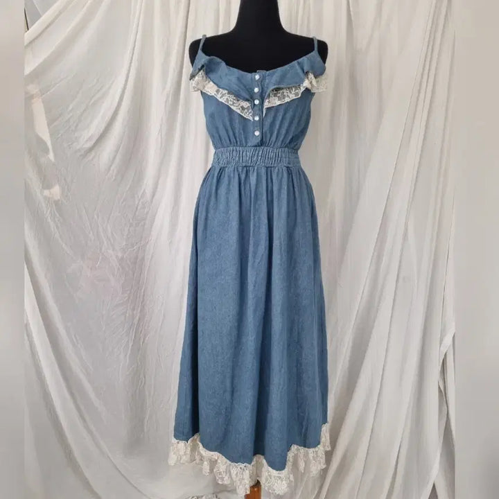 [BUNJANG] Vintage Denim Lace Sleeveless Long Dress / 빈티지 데님 레이스 민소매 롱 원피스 (55~66사이즈,상태양호)