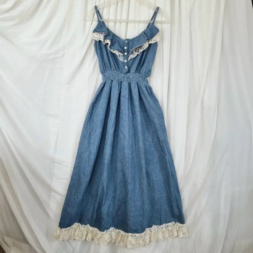 [BUNJANG] Vintage Denim Lace Sleeveless Long Dress / 빈티지 데님 레이스 민소매 롱 원피스 (55~66사이즈,상태양호)