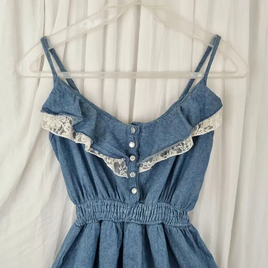 [BUNJANG] Vintage Denim Lace Sleeveless Long Dress / 빈티지 데님 레이스 민소매 롱 원피스 (55~66사이즈,상태양호)