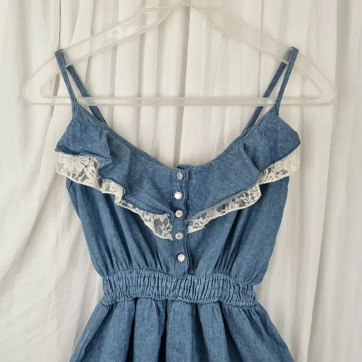 [BUNJANG] Vintage Denim Lace Sleeveless Long Dress / 빈티지 데님 레이스 민소매 롱 원피스 (55~66사이즈,상태양호)