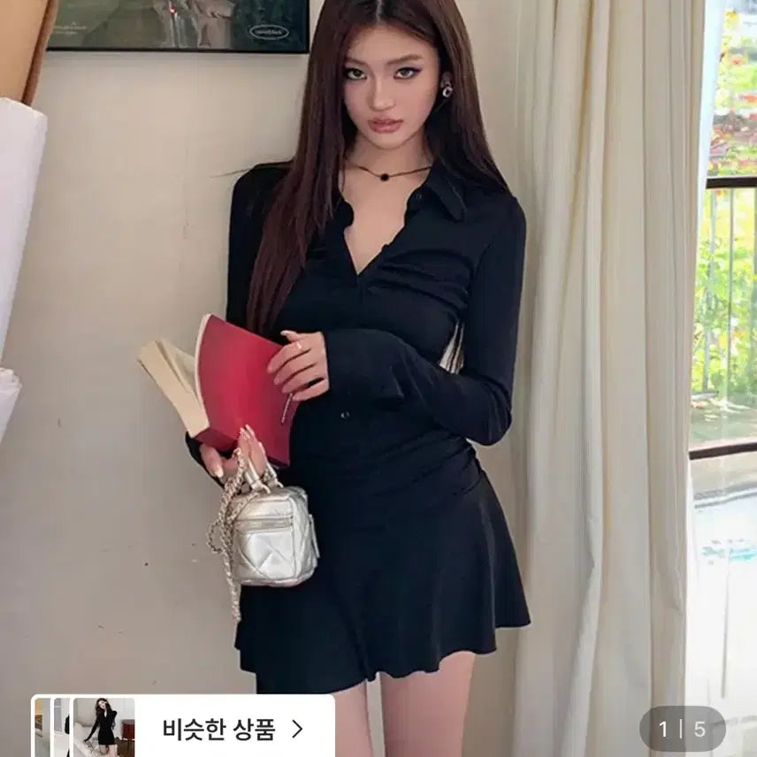 [SOLD OUT] 로스트체리 느와 셔링 플레어 블랙셔츠 미니 원피스