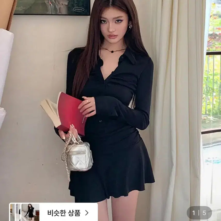 [SOLD OUT] 로스트체리 느와 셔링 플레어 블랙셔츠 미니 원피스