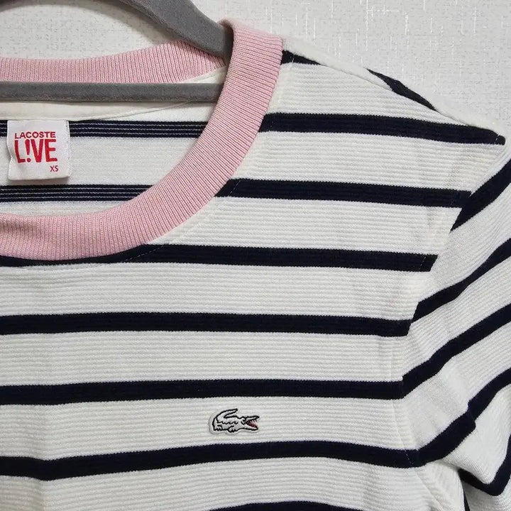 [BUNJANG] Lacoste Live Pink Stripe Long Sleeve T-shirt / [XS] 라코스테 라이브 핑크 배색 스트라이프 긴팔 티셔츠 (TF7297