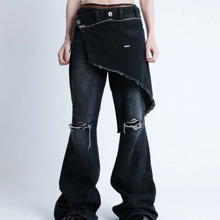 [BUNJANG] IFeellucky Bootcut Skirt Denim Pants - Black / [L] IFeellucky 아이필럭키 부츠컷 스커트 데님팬츠 블랙