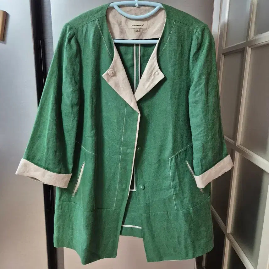 [BUNJANG] Johanex Linen No-Collar Jacket (Green) / 조이너스(Johanex) 100% 린넨 노카라 자켓 (그린)