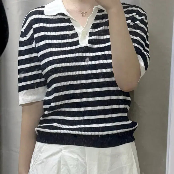 [BUNJANG] MIXXO Striped Short Sleeve Knit Top / 미쏘 스트라이프 반팔 니트