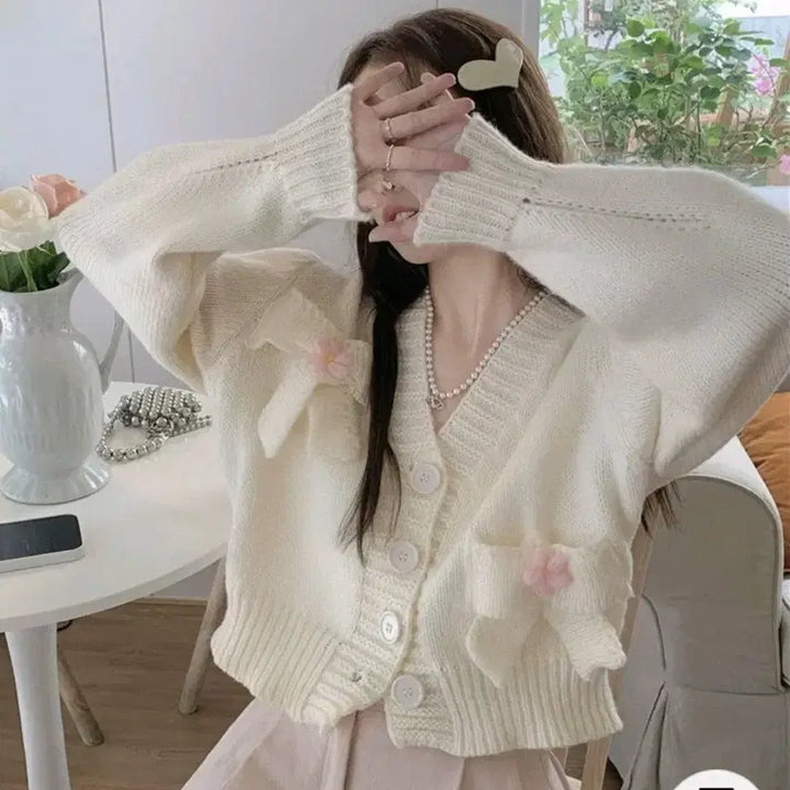 [BUNJANG] Ribbon Ivory Crop Knit Cardigan (M) / 새상품 리본 아이보리 크롭 니트가디건 M사이즈 지뢰계
