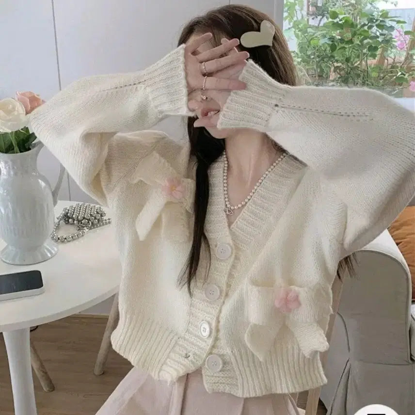[BUNJANG] Ribbon Ivory Crop Knit Cardigan (M) / 새상품 리본 아이보리 크롭 니트가디건 M사이즈 지뢰계