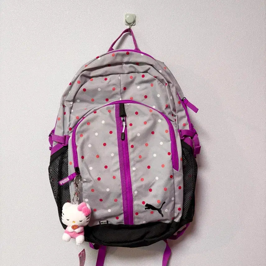 [BUNJANG] Puma Purple Dot Backpack Vintage Bag with Kitty Keyring / 퓨마 퍼플 도트 백팩 일본 빈티지 가방 체크  키티 키링