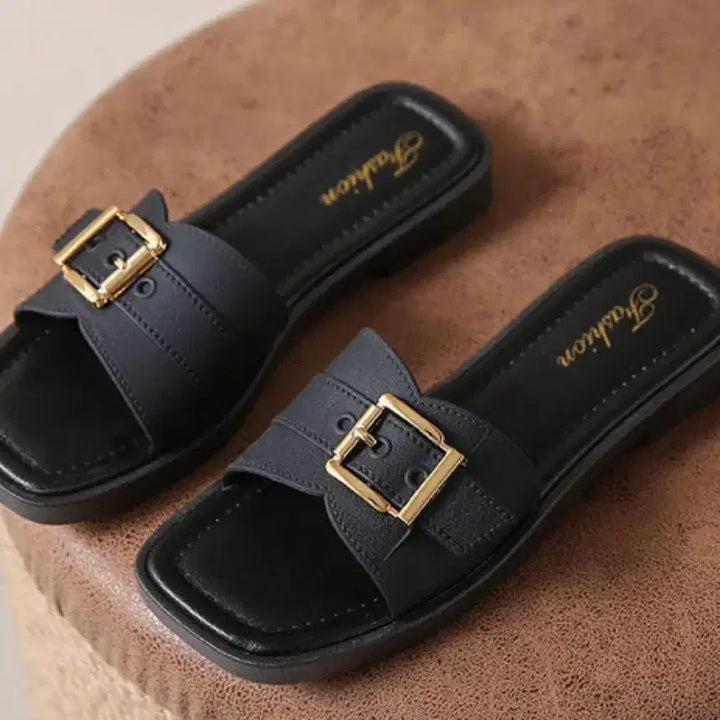 [BUNJANG] Black Buckle Detail Slippers Sandals / 버클 장식 블랙 슬리퍼 샌들