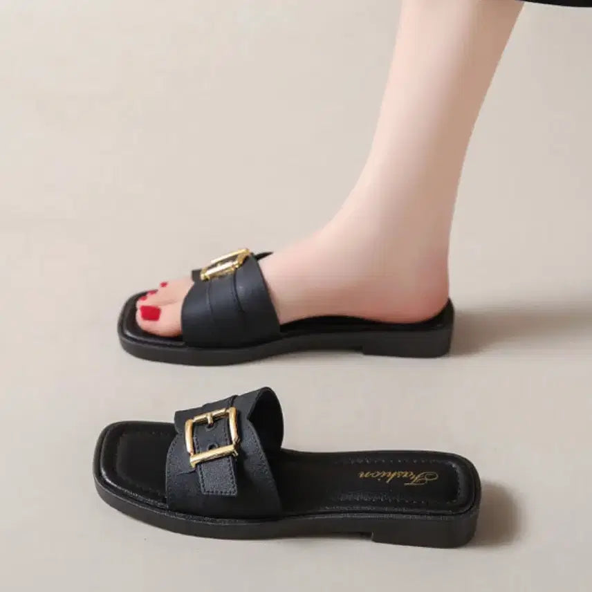 [BUNJANG] Black Buckle Detail Slippers Sandals / 버클 장식 블랙 슬리퍼 샌들