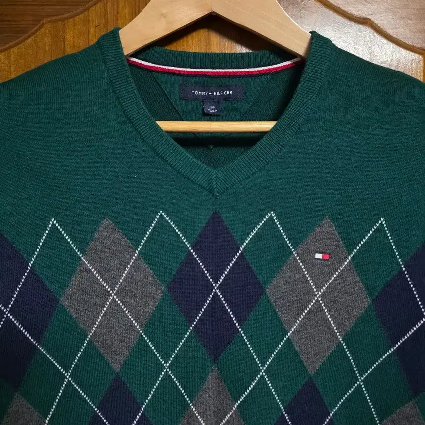 [BUNJANG] Tommy Hilfiger Argyle Knit Sweater / 타미힐피거 아가일 니트 미국S 한국 M95 그린 맨투맨 등산 캠핑 골프
