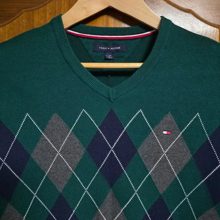 [BUNJANG] Tommy Hilfiger Argyle Knit Sweater / 타미힐피거 아가일 니트 미국S 한국 M95 그린 맨투맨 등산 캠핑 골프