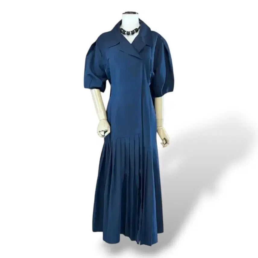 [BUNJANG] Navy Pleated Long Dress / 블루 플리츠 롱 원피스 퍼프소매 F
