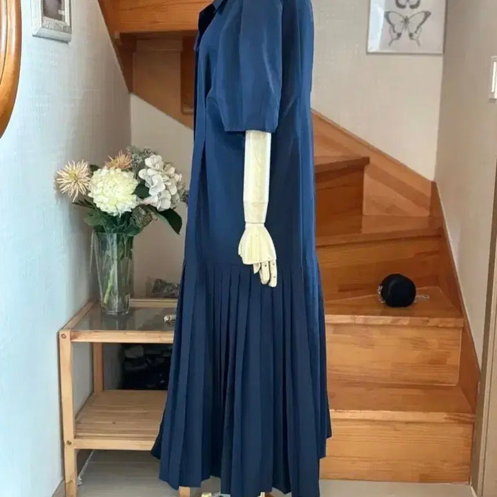 [BUNJANG] Navy Pleated Long Dress / 블루 플리츠 롱 원피스 퍼프소매 F