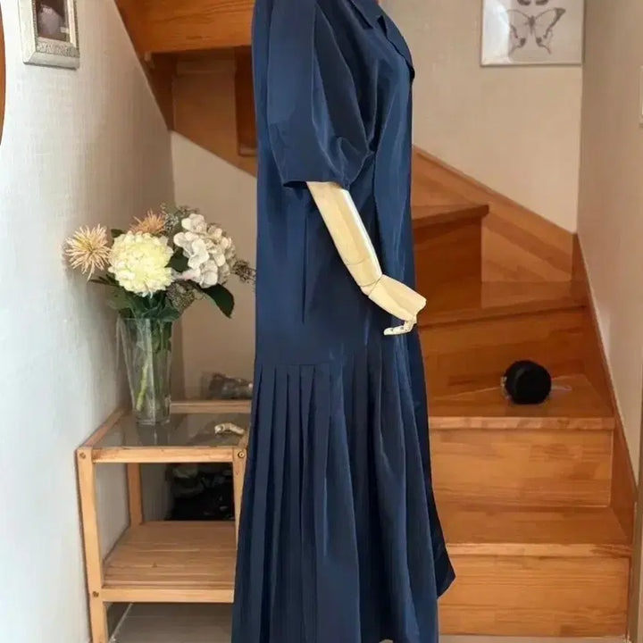 [BUNJANG] Navy Pleated Long Dress / 블루 플리츠 롱 원피스 퍼프소매 F