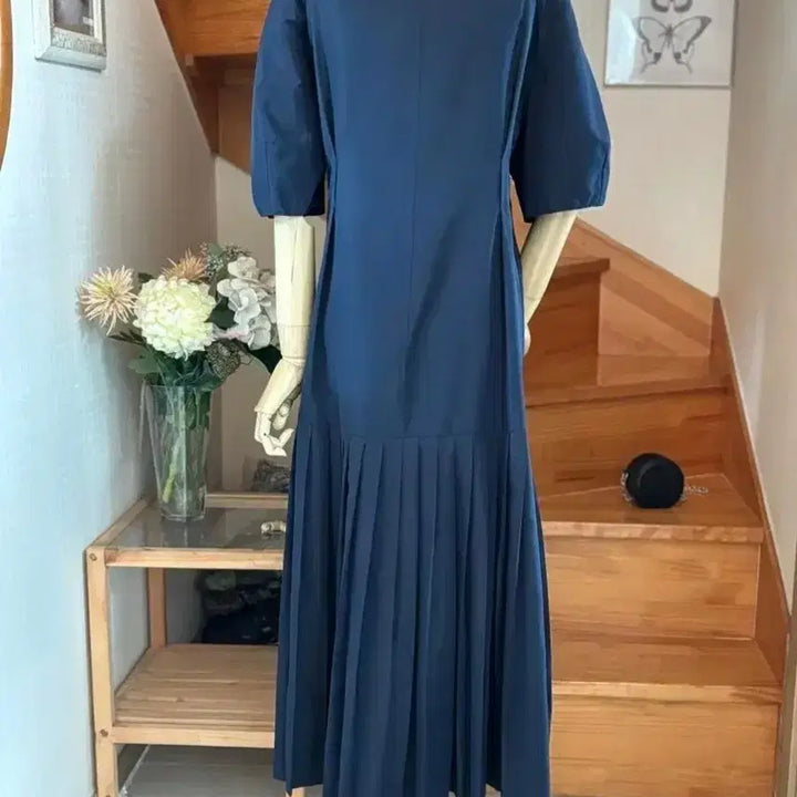 [BUNJANG] Navy Pleated Long Dress / 블루 플리츠 롱 원피스 퍼프소매 F