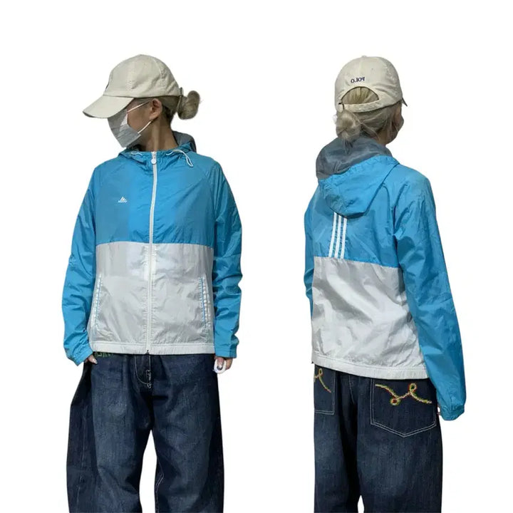 [BUNJANG] Adidas Blue White Three Stripes Hooded Windbreaker Jacket M / 아디다스 블루 화이트 삼선 대대장 후드 바람막이 자켓 M
