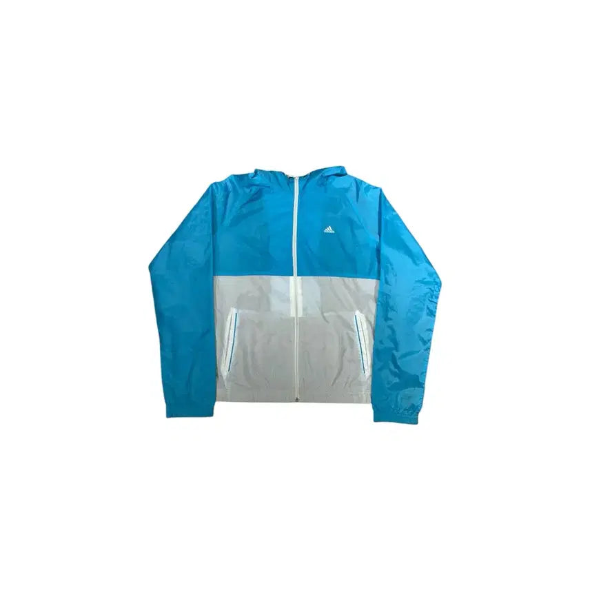 [BUNJANG] Adidas Blue White Three Stripes Hooded Windbreaker Jacket M / 아디다스 블루 화이트 삼선 대대장 후드 바람막이 자켓 M