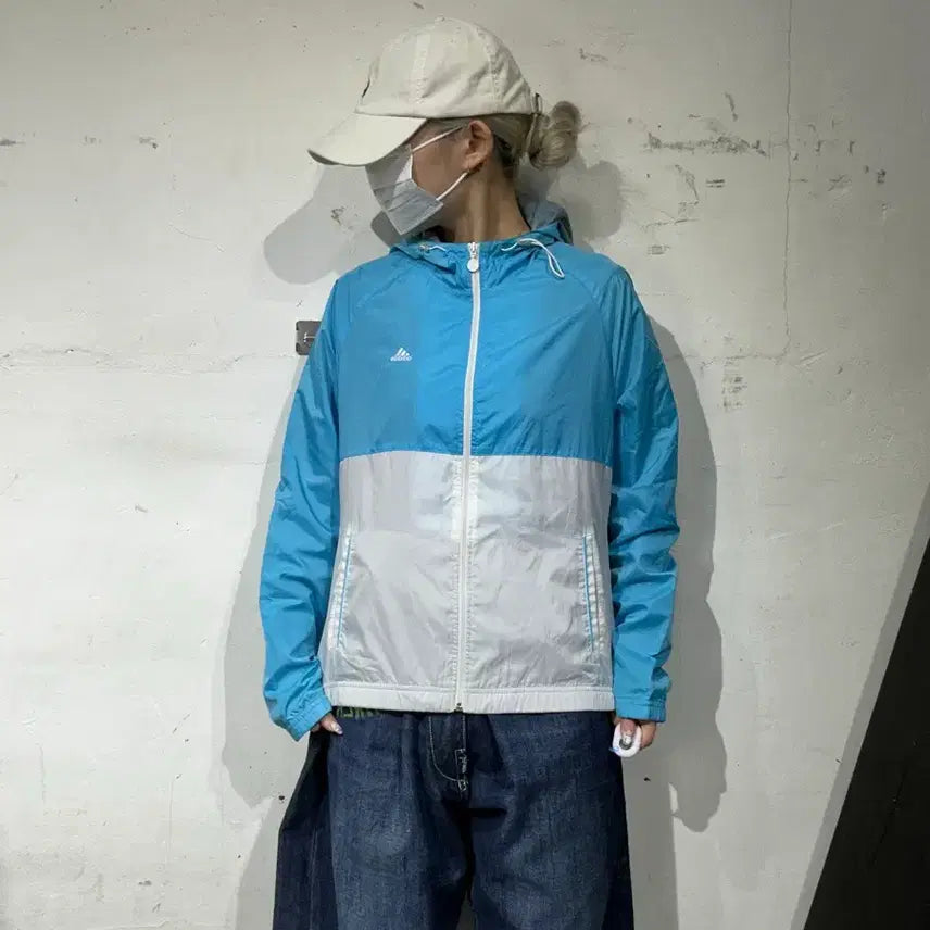 [BUNJANG] Adidas Blue White Three Stripes Hooded Windbreaker Jacket M / 아디다스 블루 화이트 삼선 대대장 후드 바람막이 자켓 M