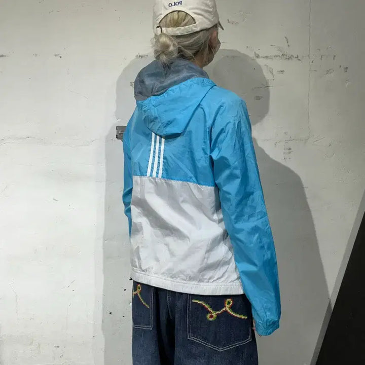 [BUNJANG] Adidas Blue White Three Stripes Hooded Windbreaker Jacket M / 아디다스 블루 화이트 삼선 대대장 후드 바람막이 자켓 M