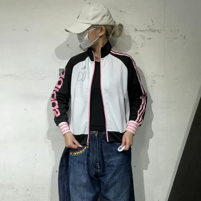 [BUNJANG] Adidas White Black Pink Y2K Track Top Jacket / 아디다스 화이트 블랙 딸기우유 핑크 삼선 딱붙핏 y2K 트랙탑 져지