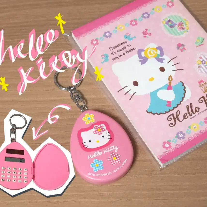 [BUNJANG] Hello Kitty 97s Calculator Keyring &amp; Memo Pad Set / [작동O] 고전 키티 97s 계산기 키링 메모지 세트 헬로키티 레어 희귀