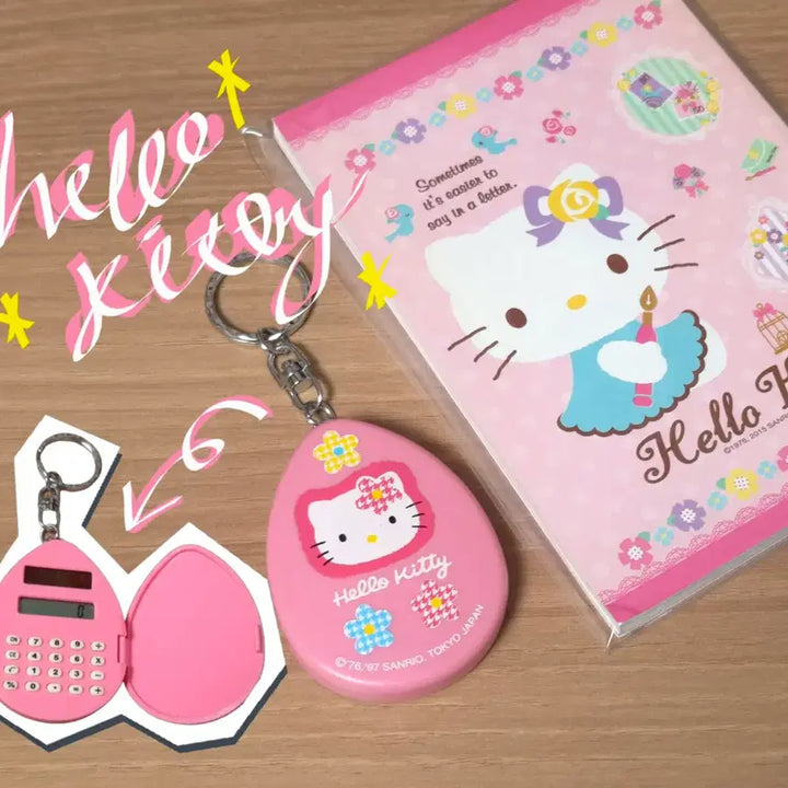 [BUNJANG] Hello Kitty 97s Calculator Keyring &amp; Memo Pad Set / [작동O] 고전 키티 97s 계산기 키링 메모지 세트 헬로키티 레어 희귀