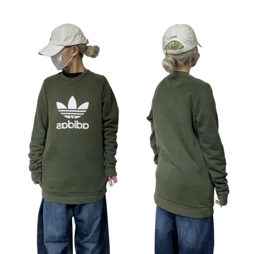 [BUNJANG] Adidas Khaki White Big Logo Sweatshirt / 아디다스 카키 화이트 빅 로고 스웻 셔츠 맨투맨 M