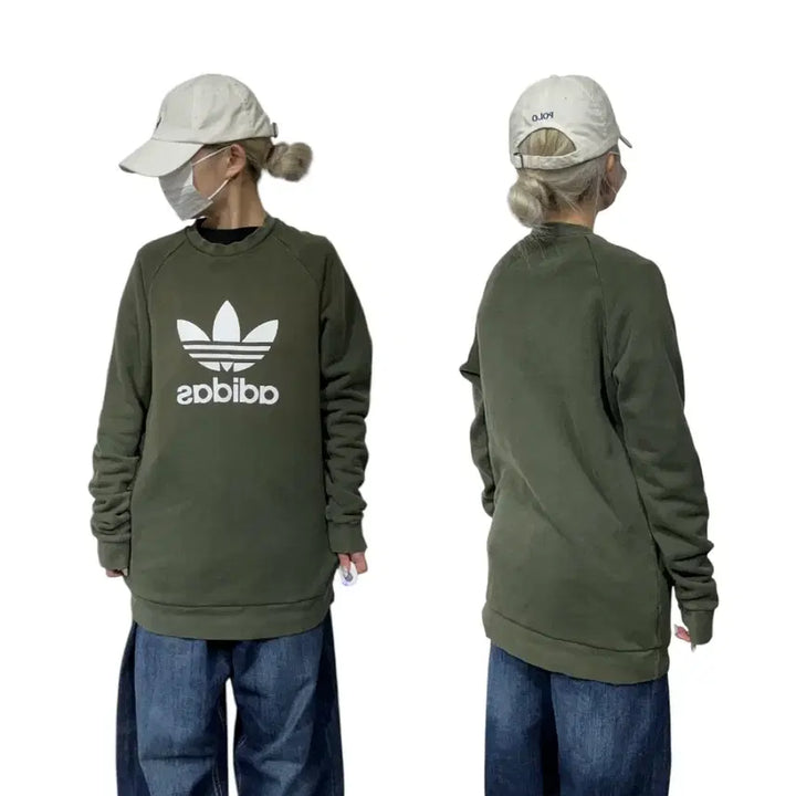 [BUNJANG] Adidas Khaki White Big Logo Sweatshirt / 아디다스 카키 화이트 빅 로고 스웻 셔츠 맨투맨 M