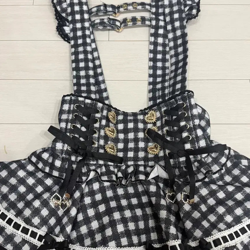 [SOLD OUT] 리즈리사 깅엄 체크 서스펜더 스카판 블랙 지뢰계 양산형 양지뢰